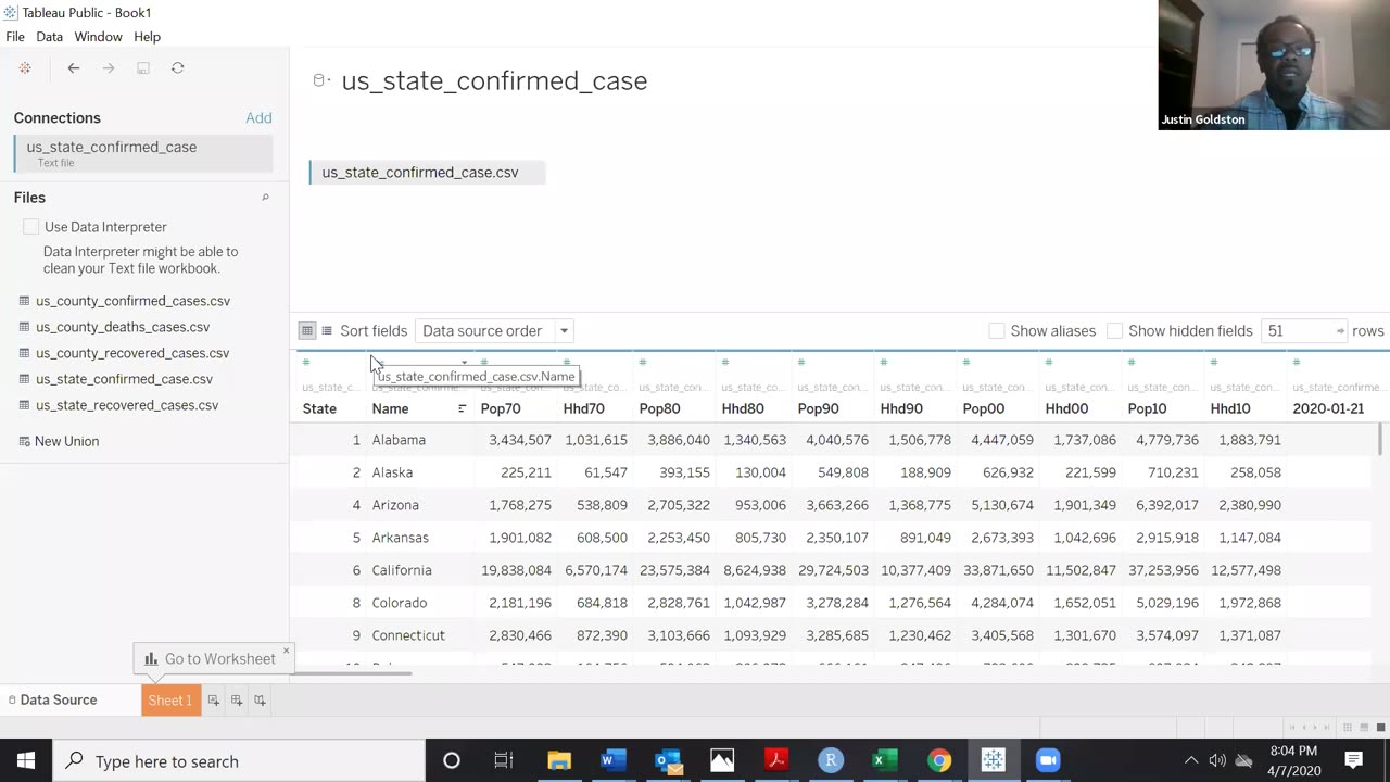 SCM301: Dr. Justin Goldston Lectures on Tableau COVID Exercise at Bloomsburg University c. 2018