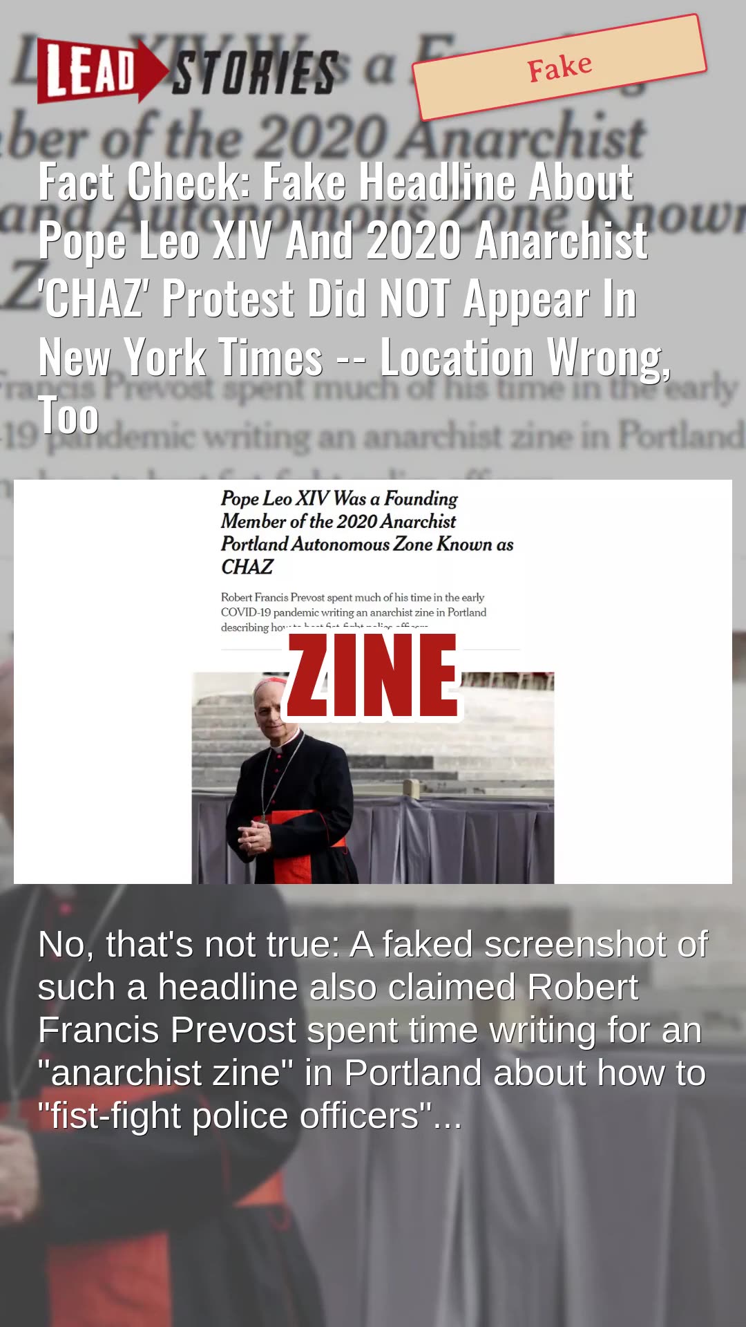 Fact Check: Fake Headline About Pope Leo XIV And 2020 Anarchist CHAZ Protest Did NOT Appear In NYT