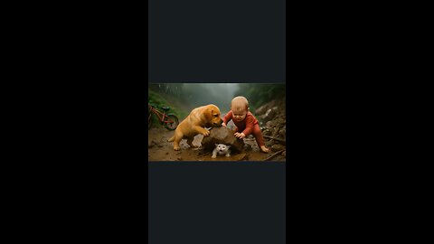 Puppy and baby saves kitty