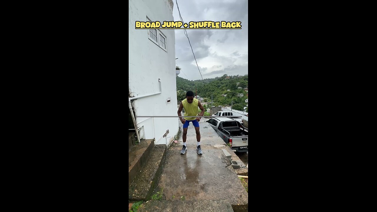 Broad jump + shuffle back
