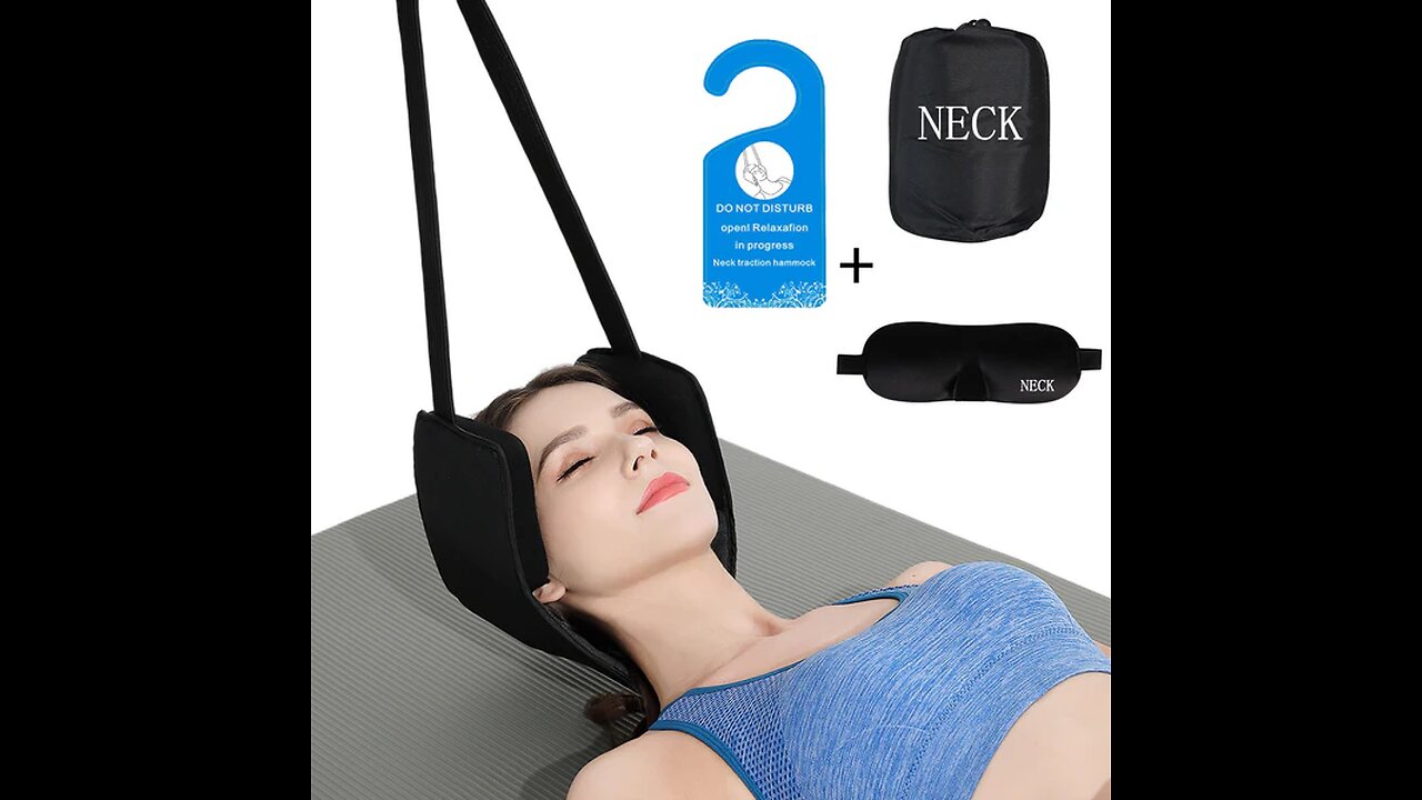 Neck Traction Hammock, with Durable Elastic Safety Cords, Adjustable Straps, Travel Pouch & Eye Mask