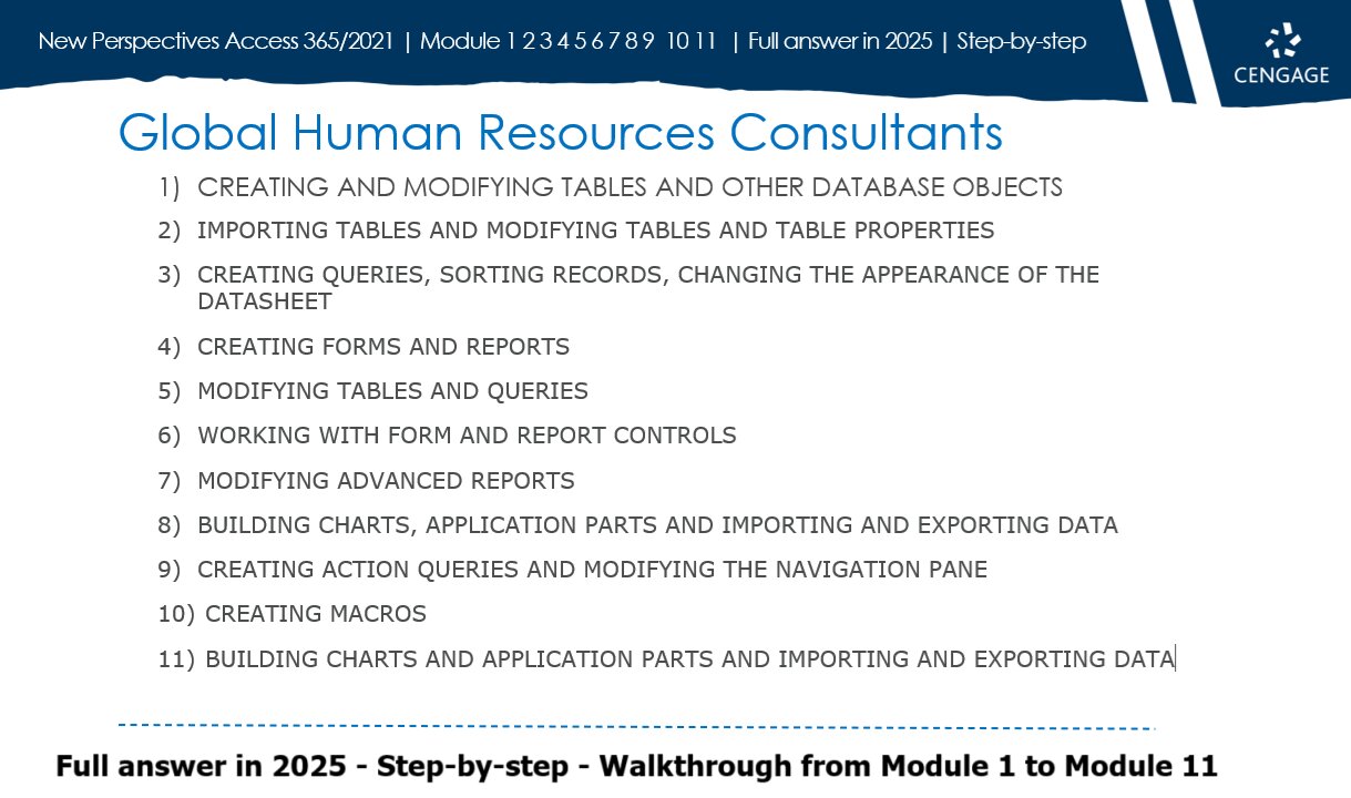 New Perspectives Access SAM Project Module 1 2 3 4 5 6 7 8 9 10 11 Global Human Resources Consultant