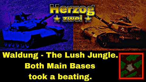 Switch Herzog Zwei G8, 2P splitscreen gameplay on Waldung: Both Main Bases sustained heavy damage.