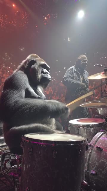 A video of a chimp playing the drums at a concert with a gorilla lead singer