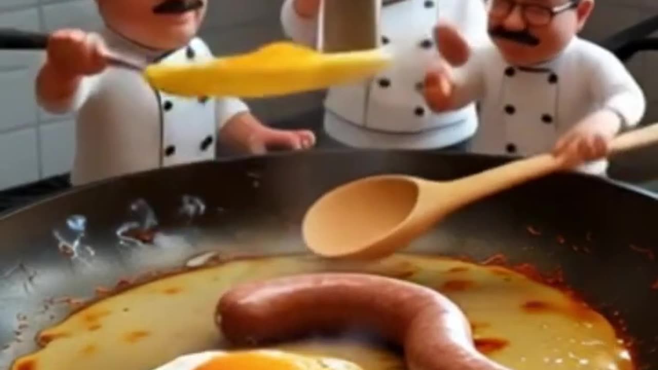 Tiny Chefs Cooking Inside a Giant Frying Pan
