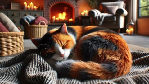 Calico Cat Sleeping 🐾 Cozy Fireplace ASMR for Relaxation and Deep Sleep