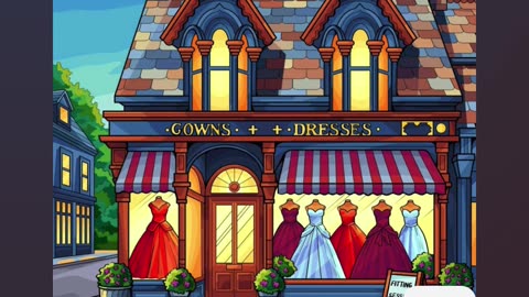 Charming Boutique Displaying Elegant Evening Gowns on a Quaint Street by Night