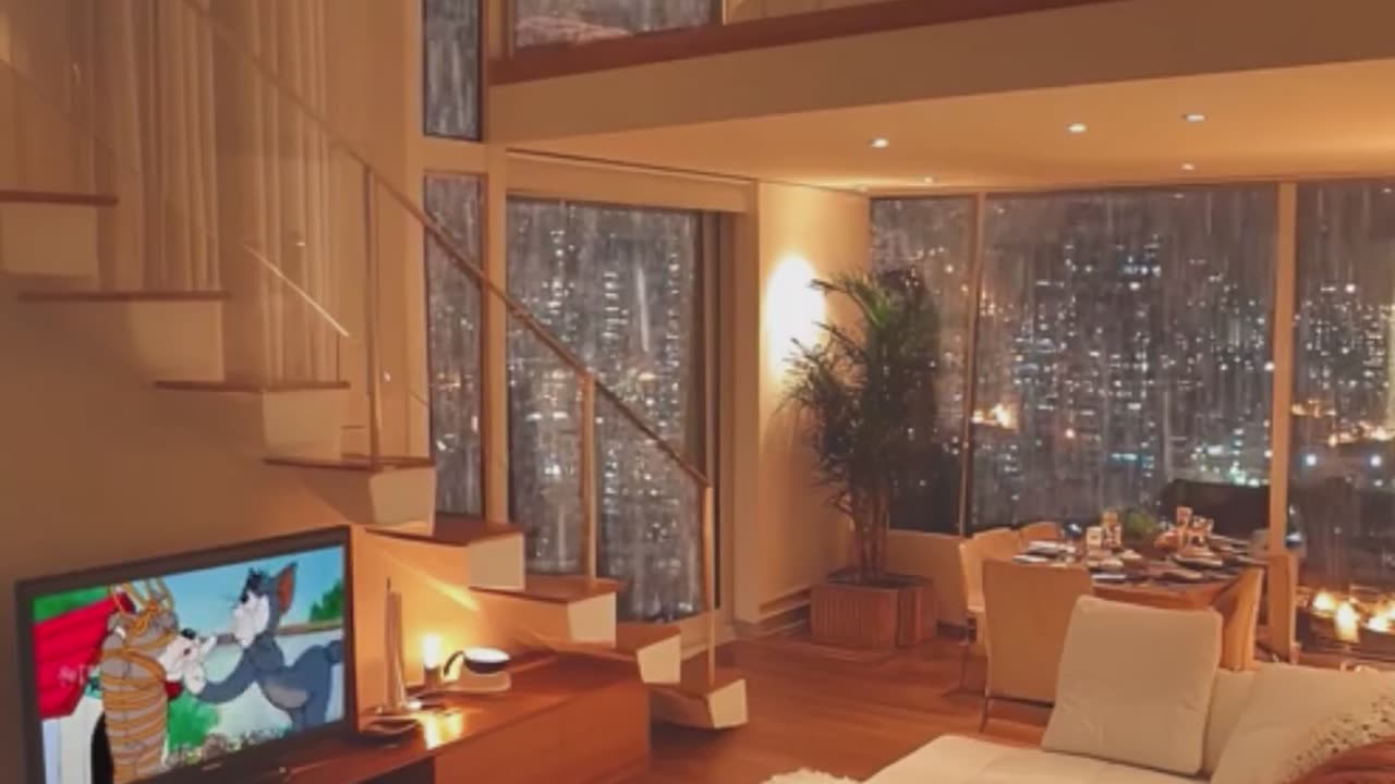 Elegant Loft Apartment on a Rainy Evening.