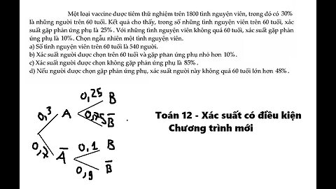 Toán 12: Xác suất có điều kiện: Một loại vaccine được tiêm thử nghiệm trên 1800 tình nguyện viên,