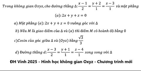 Trong không gian Oxyz,cho đường thẳng ∆:(x-1)/2=(y+2)/1=(z-3)/1 và mặt phẳng