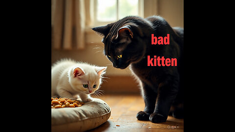 Kitten stolen food from black cats kid