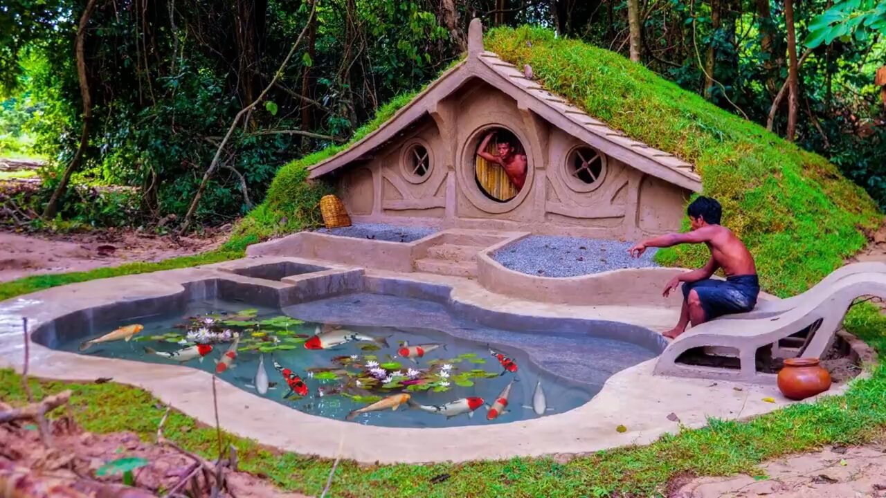 Primitive Hobbit House with Natural Fish Pond | Peaceful Living in the Jungle