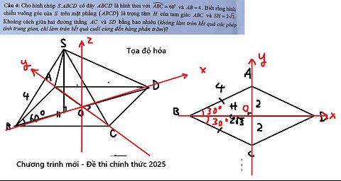 Đề chính thức 2025: Cho hình chóp S.ABCD có đáy ABCD là hình thoi với ABC = 60o và AB = 4. Biết rằng