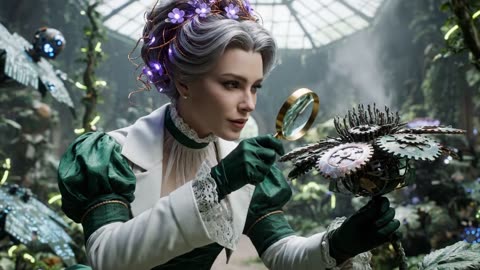 A steampunk world girl in an unusual mechanical garden