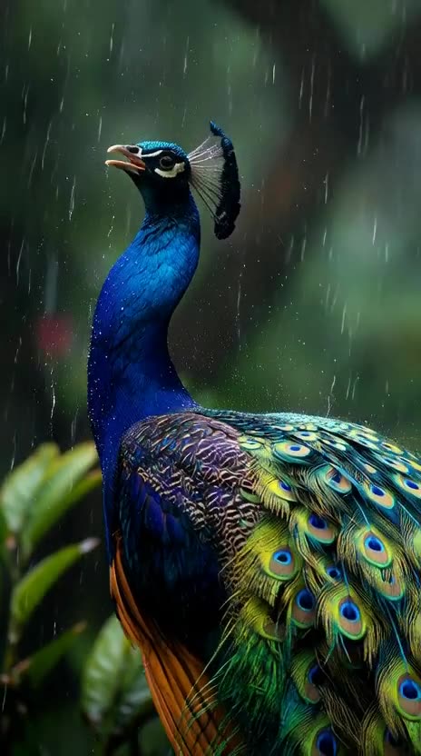 Peacock dancing in rain