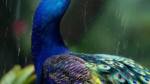 Peacock dancing in rain