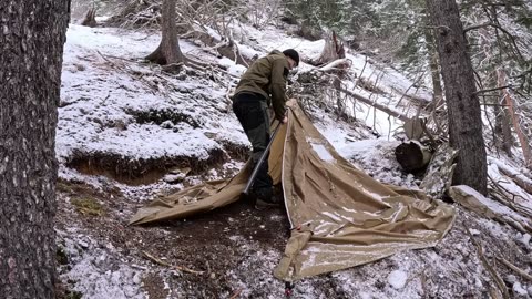 Solo Winter Hot Tent Camping in Snowfall - ASMR