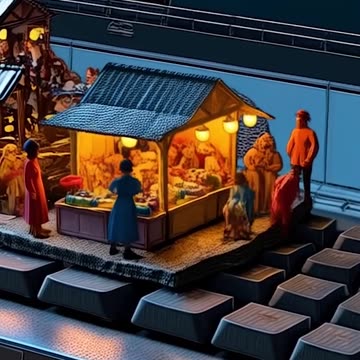 Miniature people house on a keyboard with people standing around it