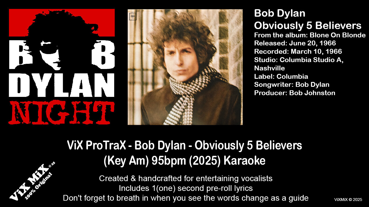 Bob Dylan - Obviously 5 Believers (Key Am) 95bpm (2025) Karaoke