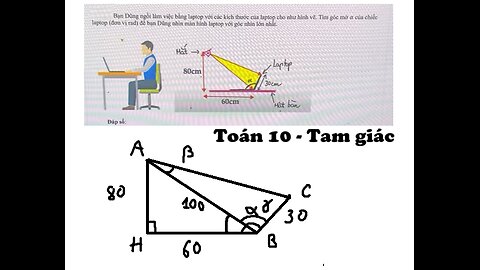 Toán 10: Bạn Dũng ngồi làm việc bằng laptop với các kích thước của laptop như hình vẽ. Tòm góc mở