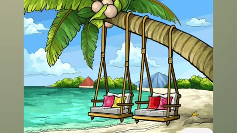 Tropical Beach Scene With Coconut Tree and Two Hanging Chair Swings