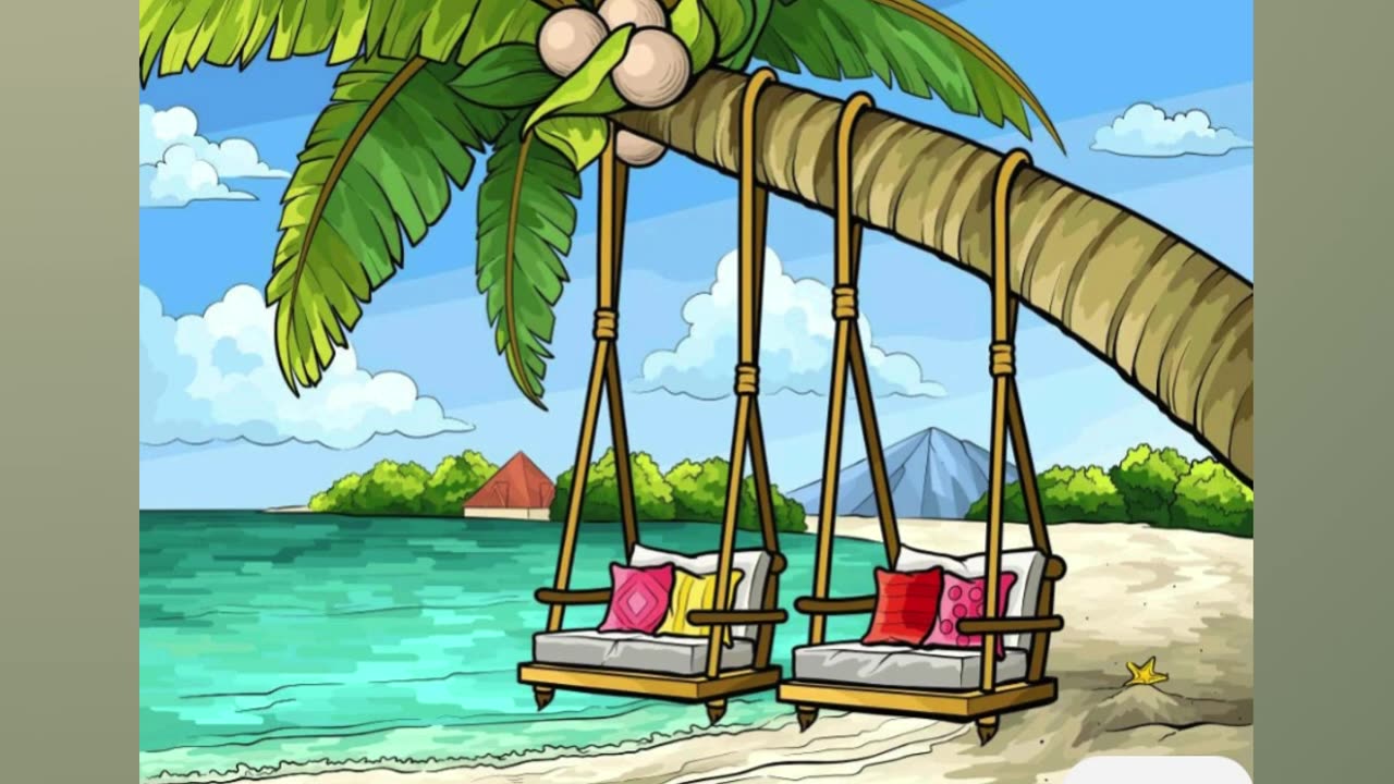 Tropical Beach Scene With Coconut Tree and Two Hanging Chair Swings