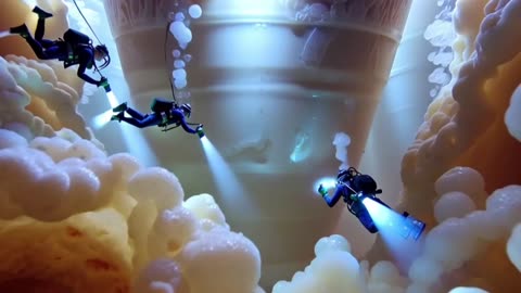 Scuba divers exploring a giant cup of bubble tea