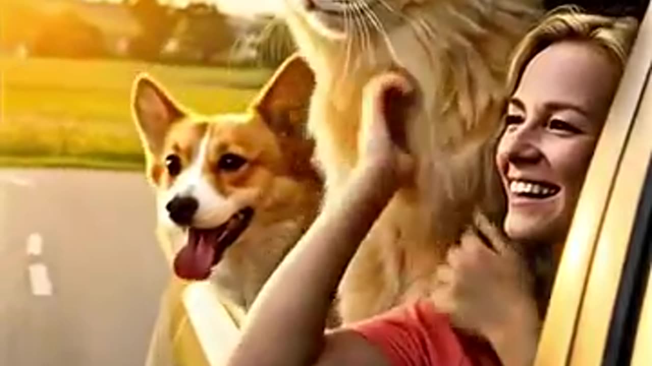 cute cat, dog in the car with pretty lady🐈🐕