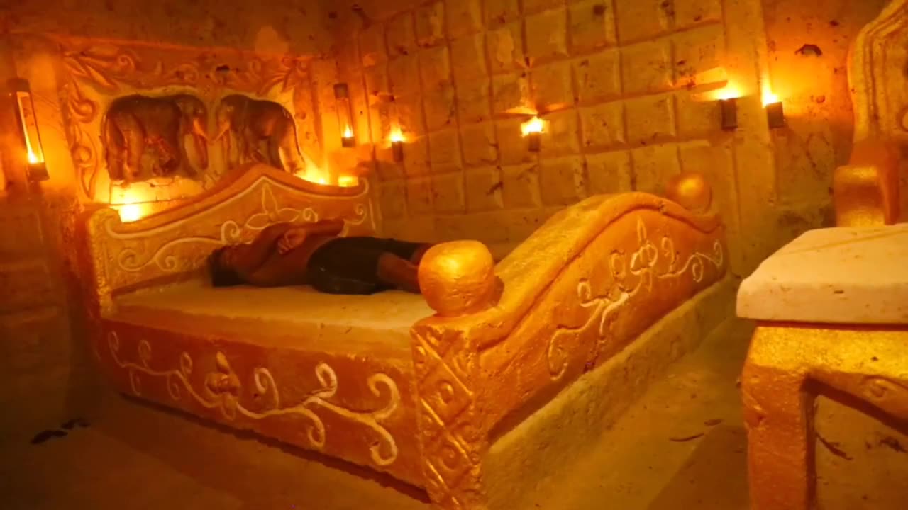 Dig an underground cave to build a golden bed room.