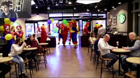 Outtake #3,023 Of The Clowns Roaming Around A Starbucks Store At A Fake Funny Parody Video