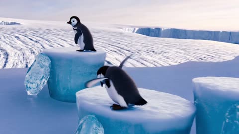 Baby Penguin Drumming on Ice Buckets While Sliding on a Glacier