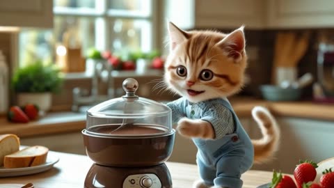 Cat ,made a chocolate fountain