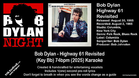 Bob Dylan - Highway 61 Revisited (Key Bb) 74bpm (2025) Karaoke
