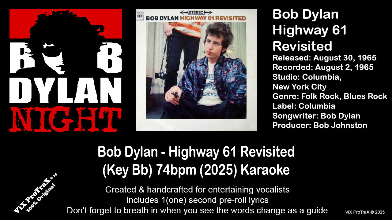 Bob Dylan - Highway 61 Revisited (Key Bb) 74bpm (2025) Karaoke