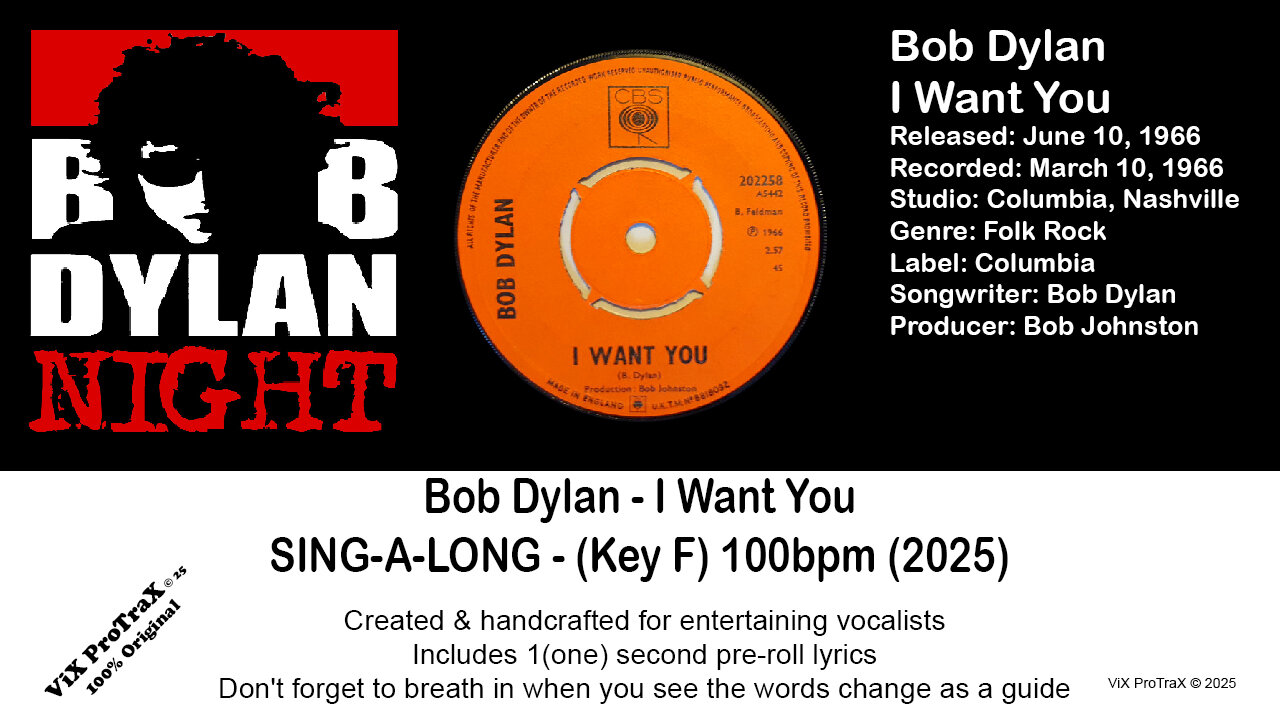 Bob Dylan - I Want You - SING-A-LONG (Key F) 100bpm (2025)