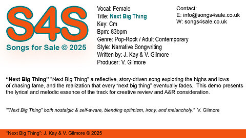 Next Big Thing (Key Cm) 83bpm (2025) S4S (Songs 4 Sale) for Female Vocal