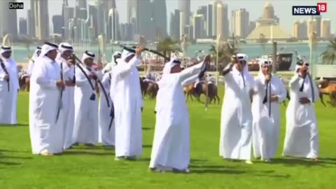 sword dance awaiting President Donald Trump at Hamad International Airport, Doha