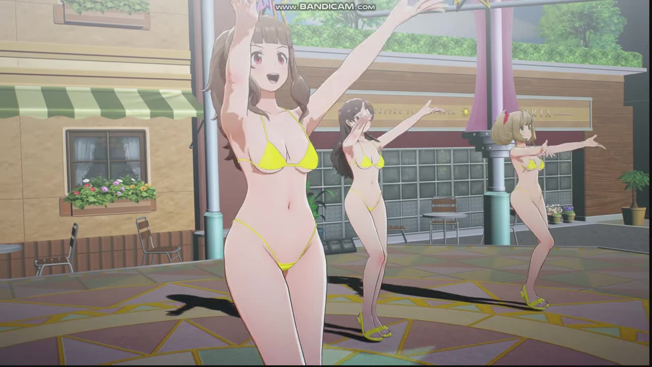 A group of idols dressed in Bikini dancing in outdoor，song called Rebellion