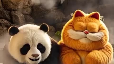 Orange cat and bear on a trip