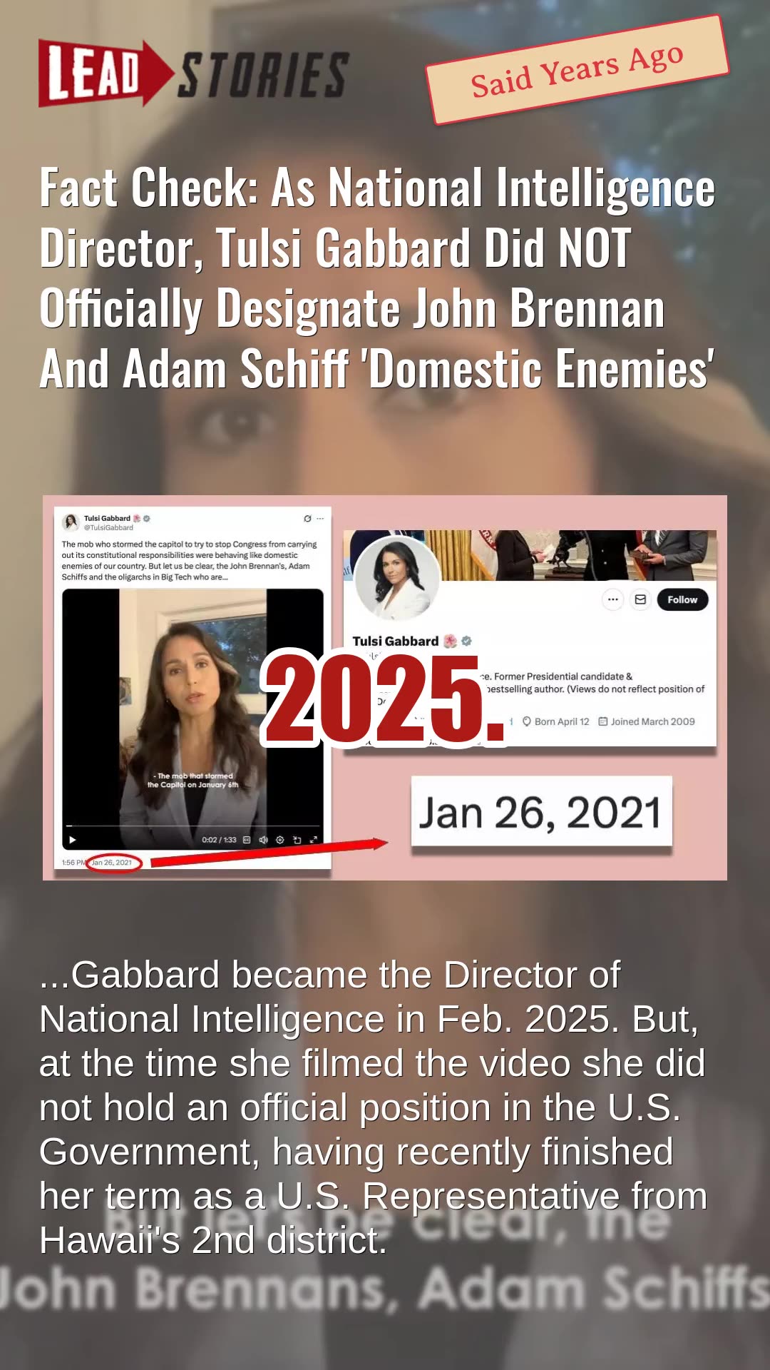 Fact Check: As DNI, Tulsi Gabbard Did NOT Designate Brennan And Schiff Domestic Enemies