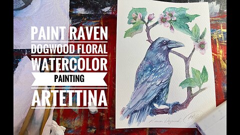 Paint a raven dogwood watercolor painting with Artettina