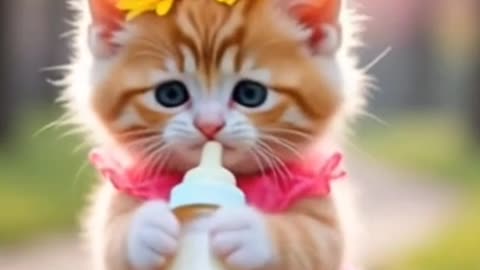 Adorable Pink Cat with Milk Bottle – Cutest Thing You’ll See Today! 🐱🎒