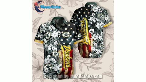 Green Bay Packers America Flag Floral Hawaiian Button Up Shirt