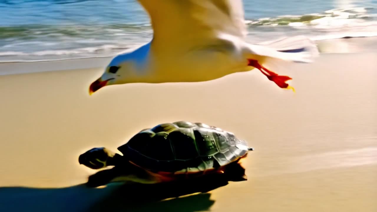 "The Baby Turtle Must Survive the Seagull Attack"