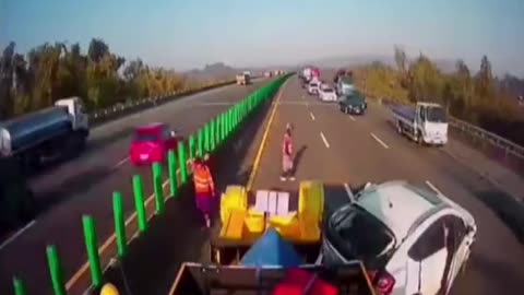 Two vehicles crash into a construction truck