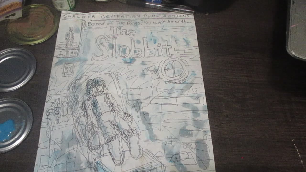 Painting with light blue paint on my drawings. Tuesday, June 10, 2025.