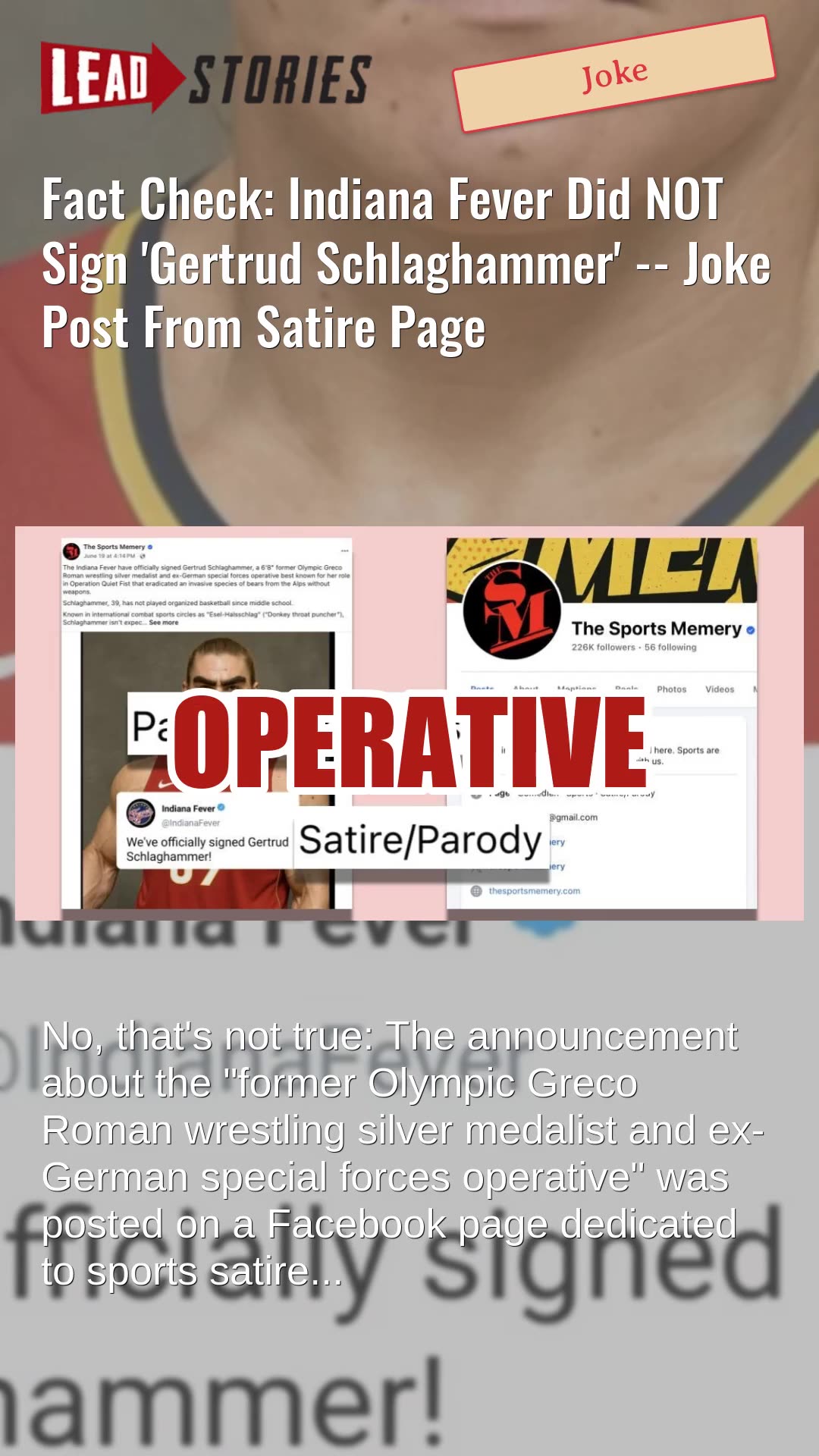 Fact Check: Indiana Fever Did NOT Sign Gertrud Schlaghammer -- Joke Post From Satire Page