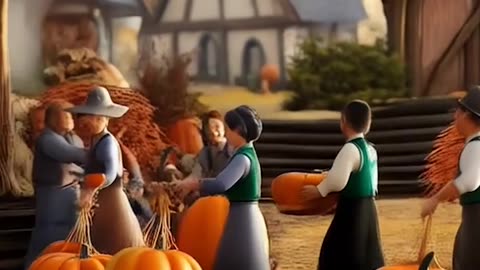 a field of pumpkins with a small house in the background