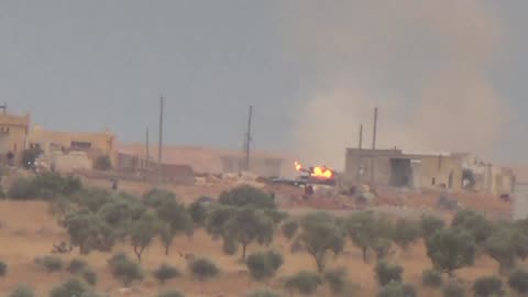 Syrian War Qashota, S. Aleppo, HJ-8 vs. T-55, hit (Liwa Amjad al-Islam) 2013.09.24