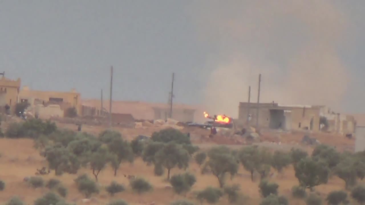 Syrian War Qashota, S. Aleppo, HJ-8 vs. T-55, hit (Liwa Amjad al-Islam) 2013.09.24